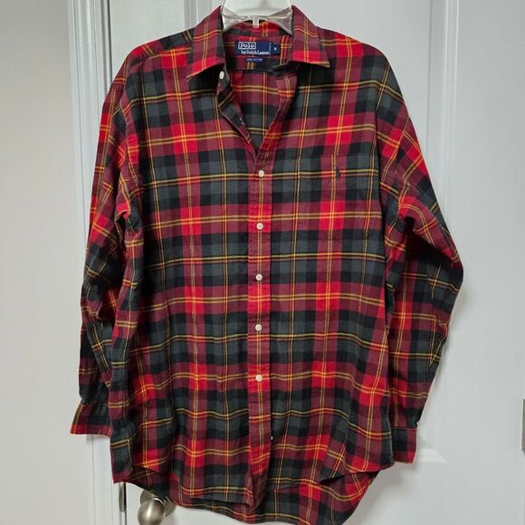 Polo Ralph Lauren Shirt Men's Medium Plaid Flannel Button Down Red Green Soft - Picture 1 of 7